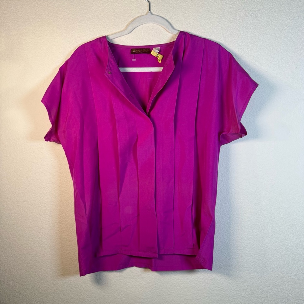 Vintage 100% Silk Blouse Twee Retro City Magenta Purple Short Sleeve Size 12